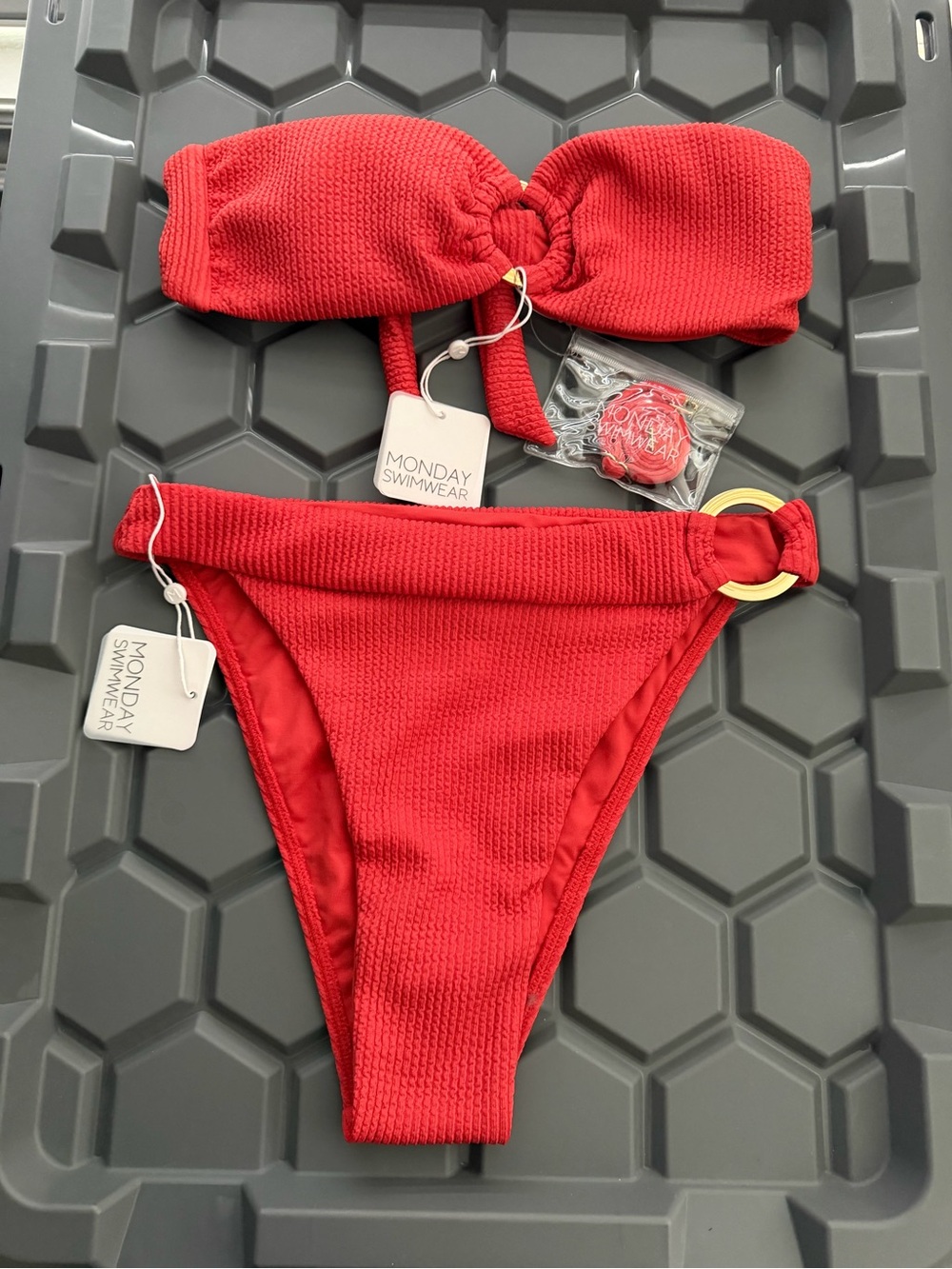 Monday Swimwear Bright Red Textured Bikini Set size s